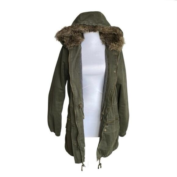 BANANA REPUBLIC Hooded Utility Parka Coat SZ S Army Olive Green Mid Length Twill - Picture 4 of 12